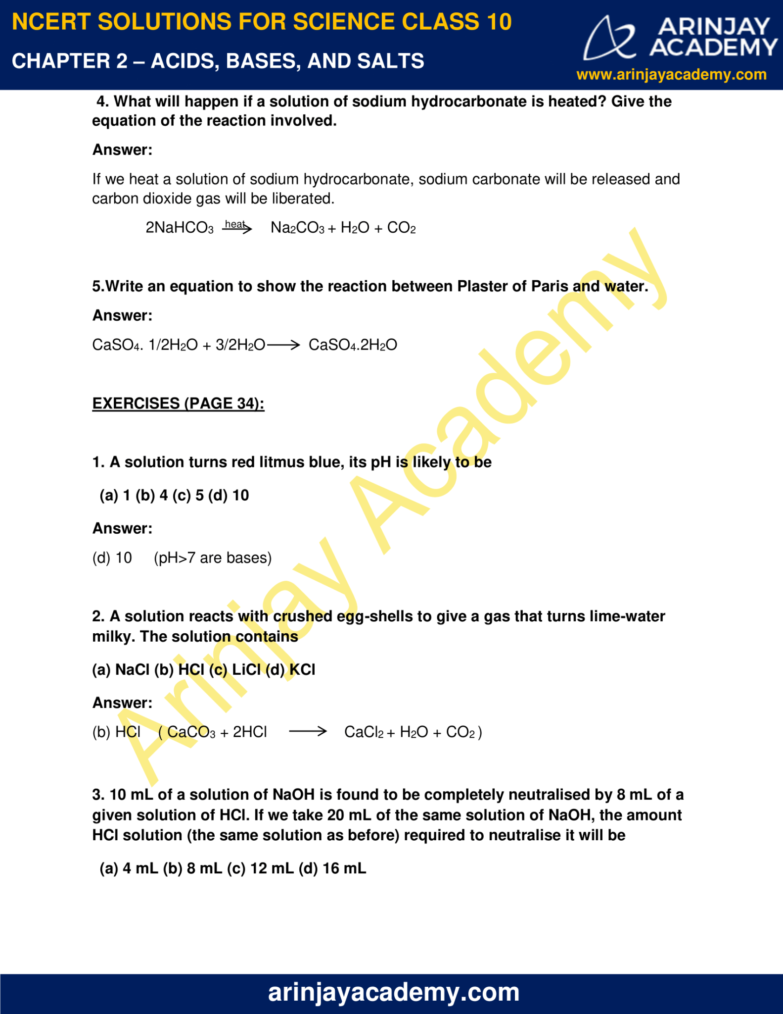 NCERT Solutions For Class 10 Science Chapter 2 - Arinjay Academy