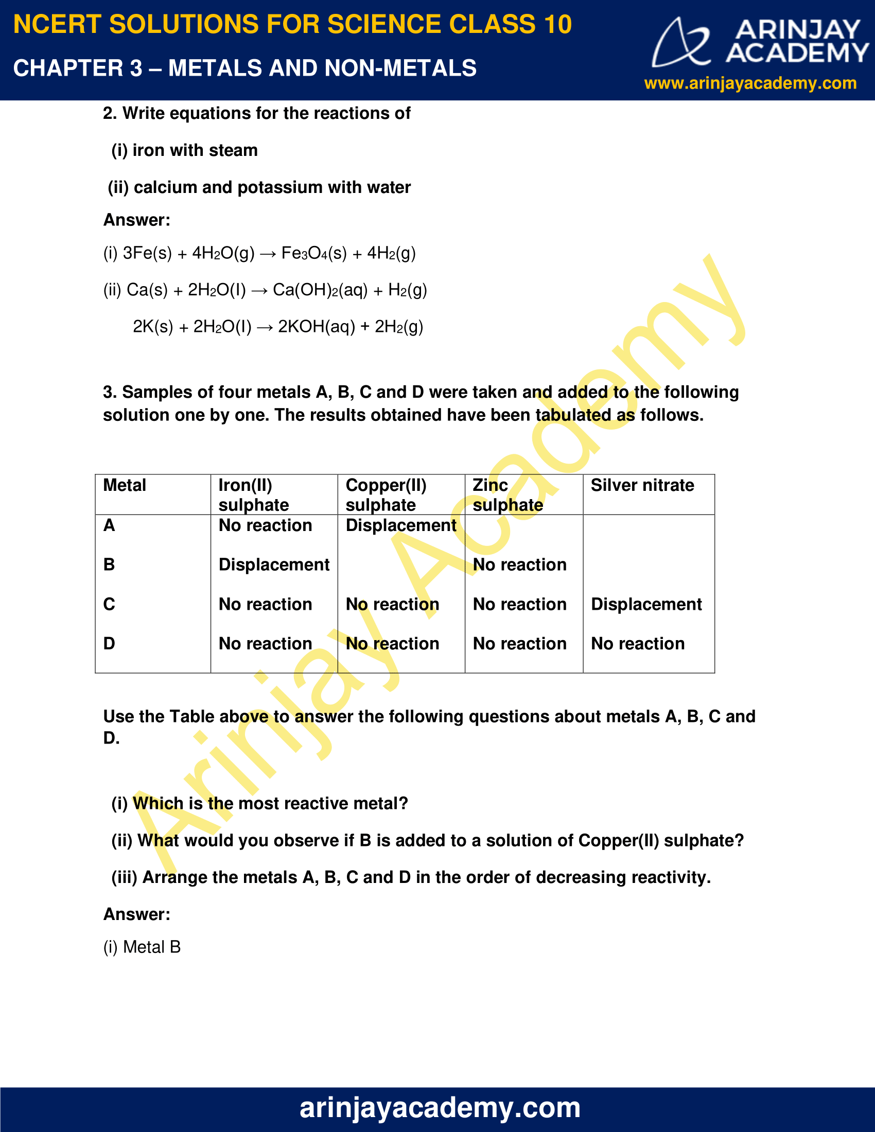 NCERT Solutions For Class 10 Science Chapter 3 - Arinjay Academy