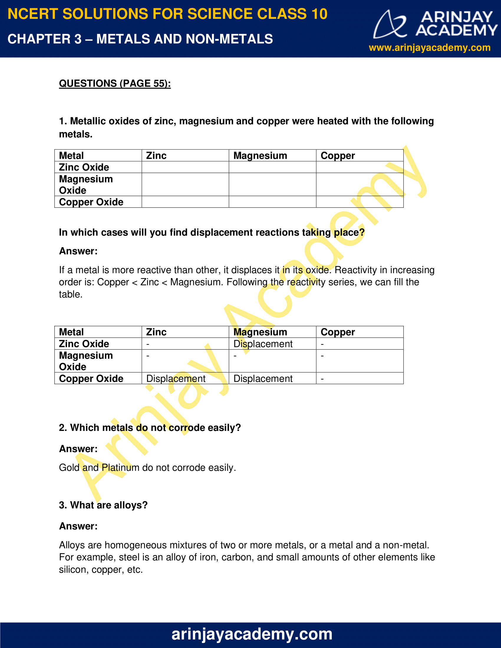 NCERT Solutions For Class 10 Science Chapter 3 - Arinjay Academy