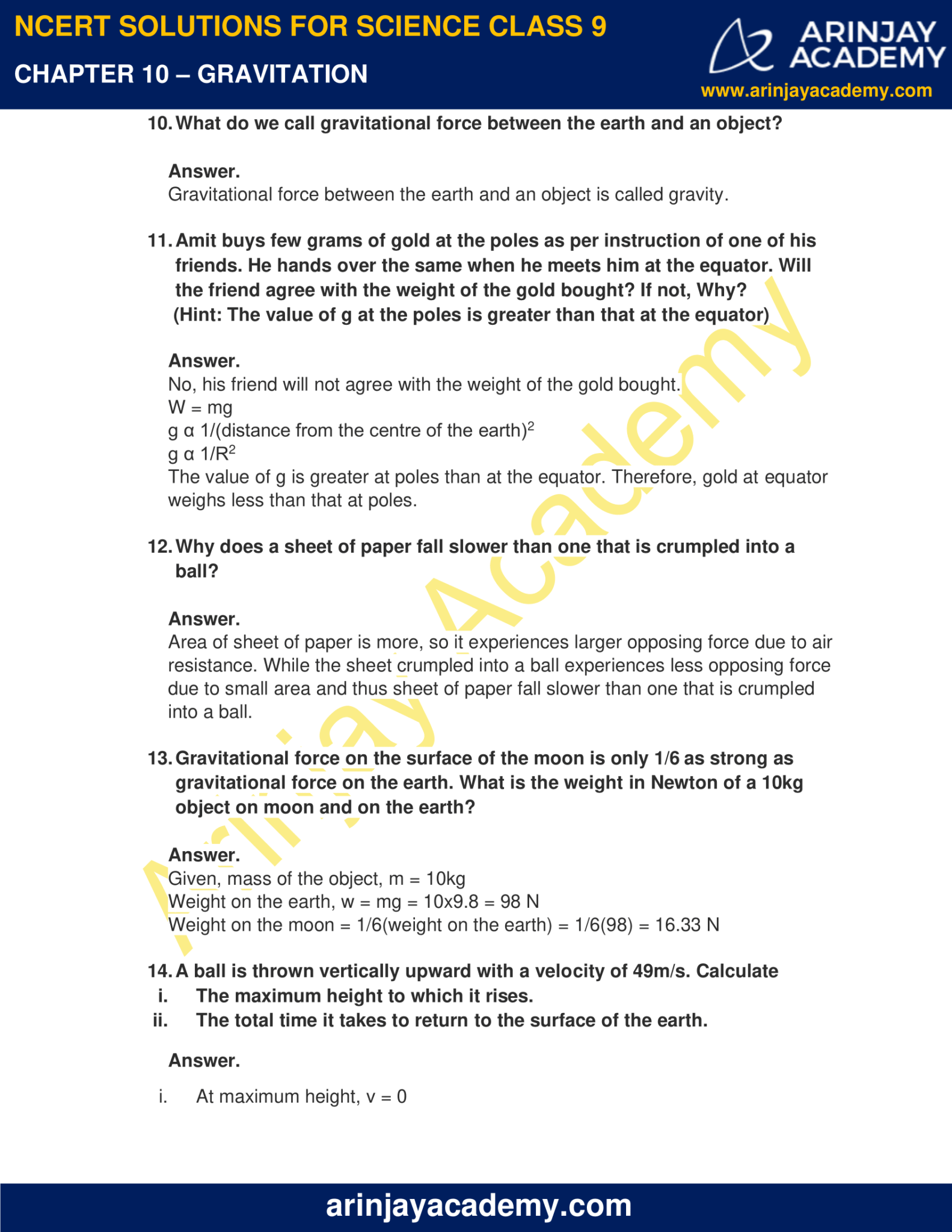 NCERT Solutions For Class 9 Science Chapter 10 - Gravitation