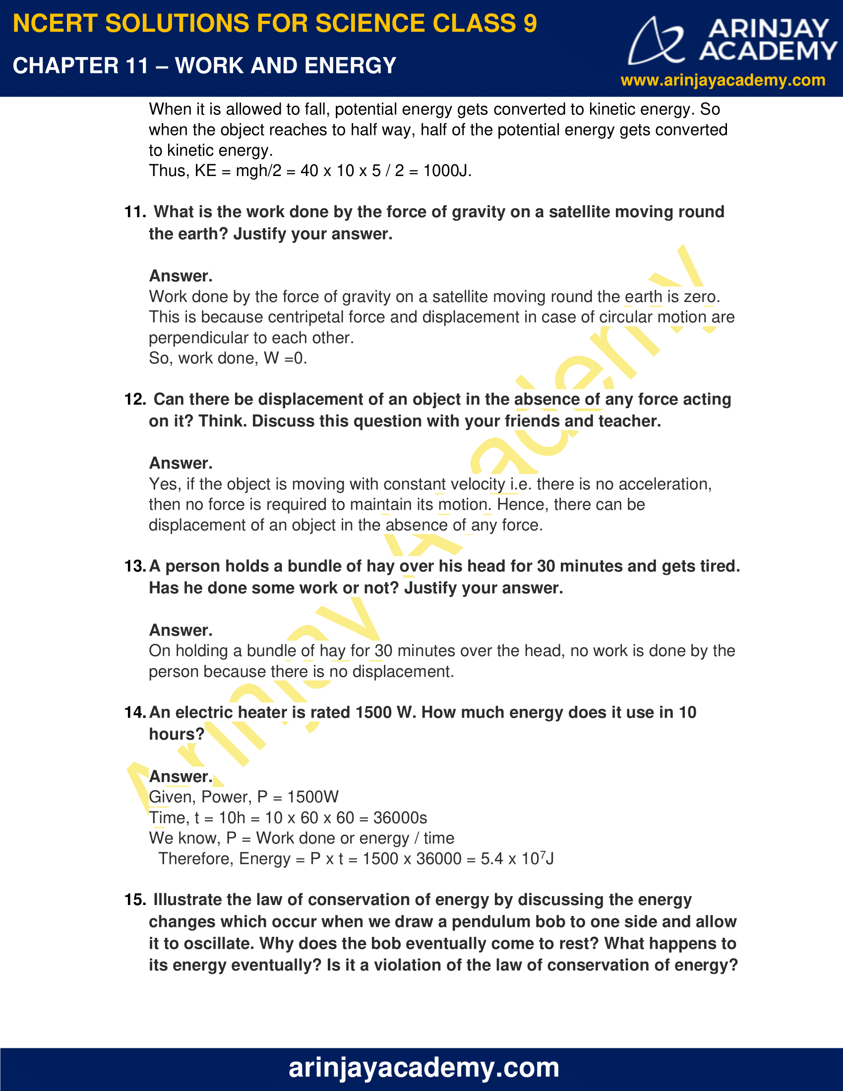 NCERT Solutions For Class 9 Science Chapter 11 - Work And Energy