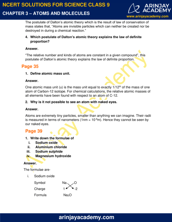 Ncert Solutions For Class Science Chapter Atoms And Molecules