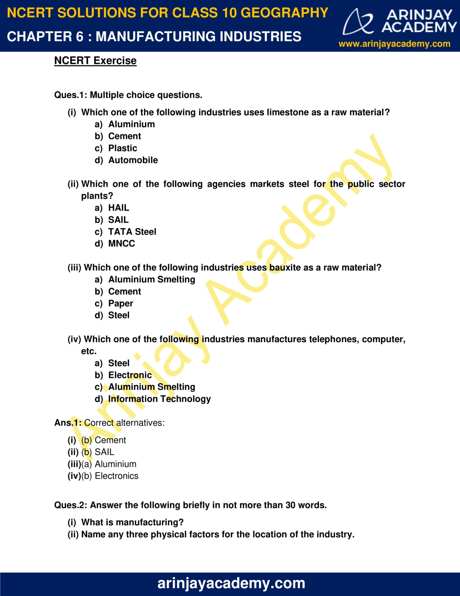 NCERT Solutions For Class 10 Geography Chapter 6 - Arinjay Academy