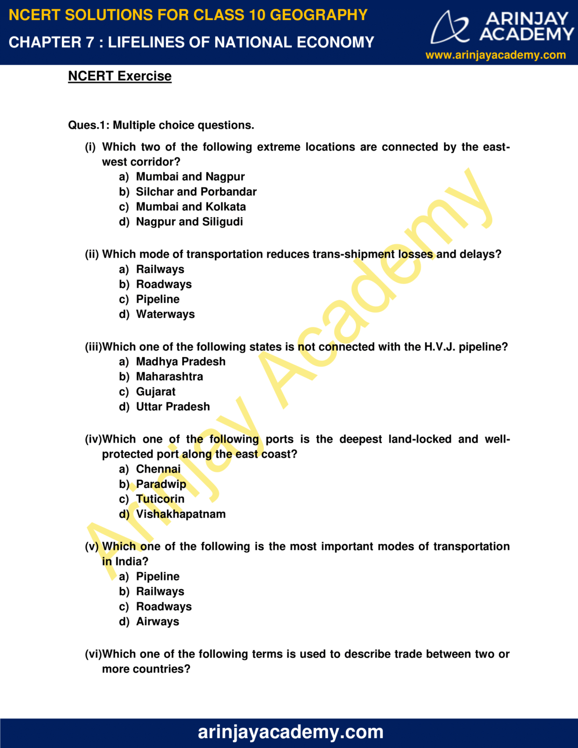 NCERT Solutions For Class 10 Geography Chapter 7 - Arinjay Academy